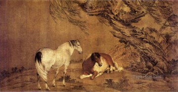 horse cats Painting - Lang shining 2 horses under willow shadow traditional China
